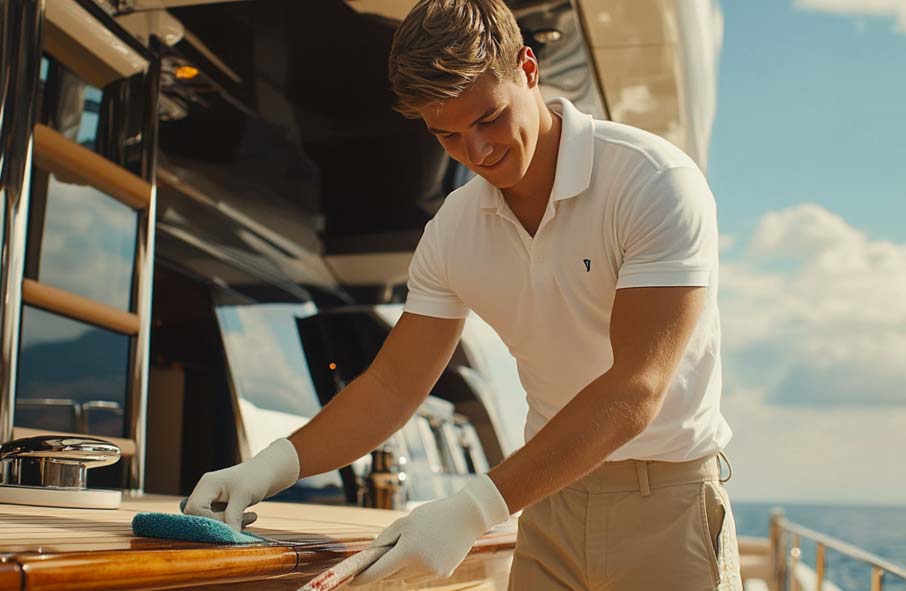 Bosun Cleaning Yacht Exterior